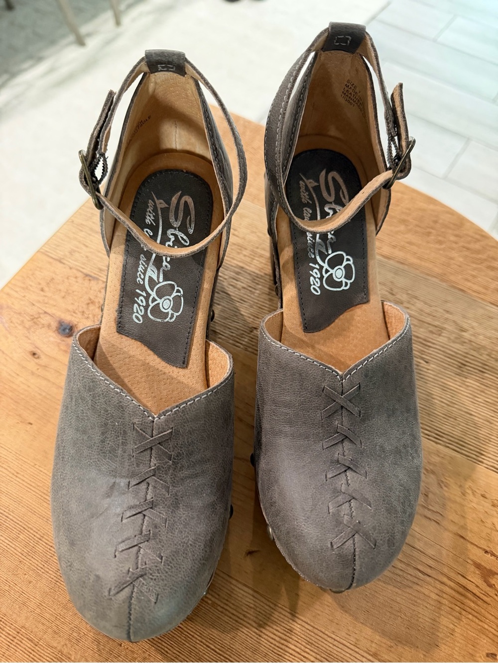 Sbicca gray suede ankle-strap heeled mules